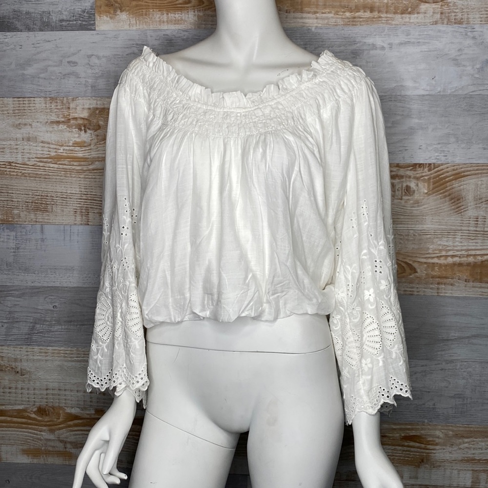 Free People smocked elastic off the shoulder bohemian top white size medium